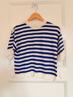 MANGO Blue and White Striped Short Sleeve Sweater